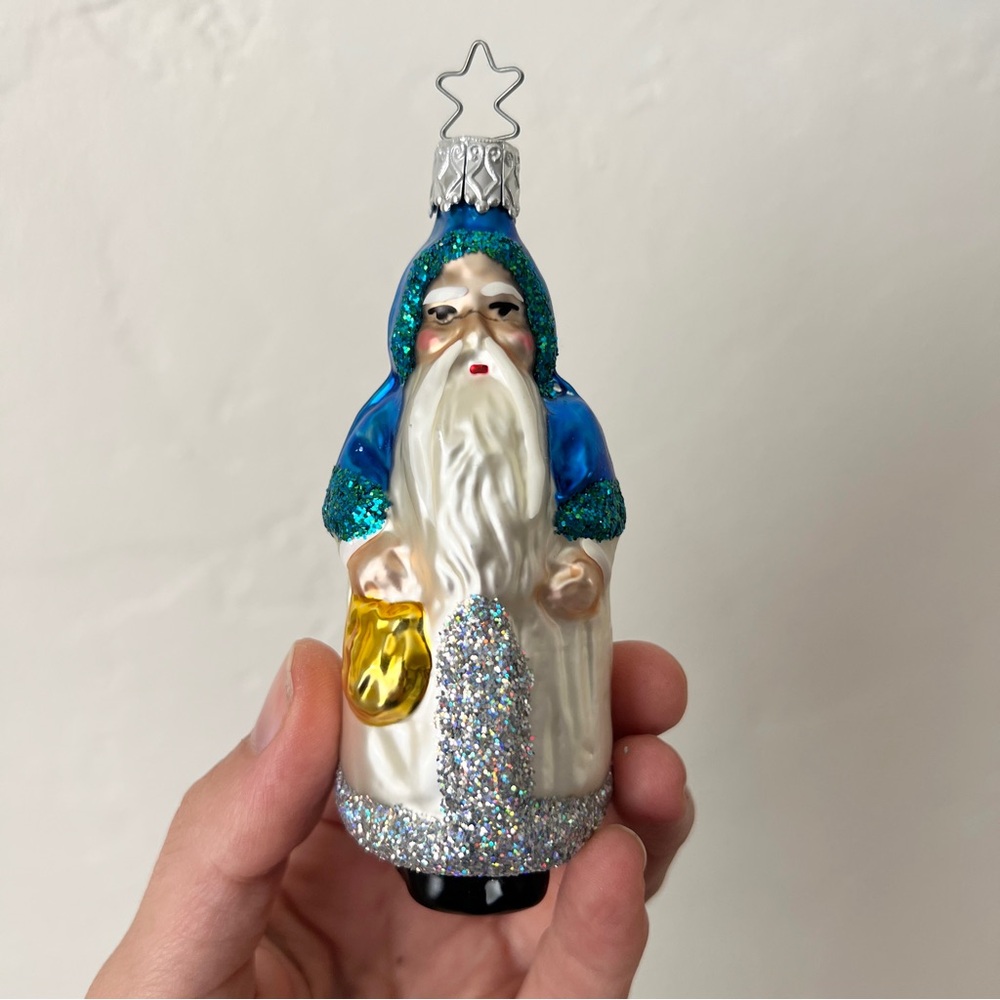 Vintage blue white Blown Glass sparkly glitter Santa Claus  Christmas Ornament